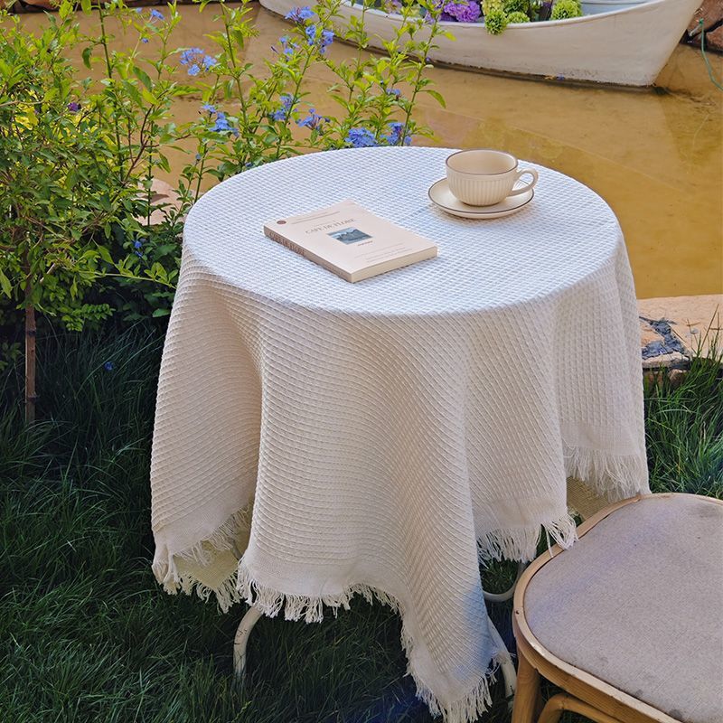 Ins-Style Cream-Colored High-End Outdoor Tassel Round Table Coffee Table Cloth Cover Tablecloth Cream-Colored Dining Table Dustproof