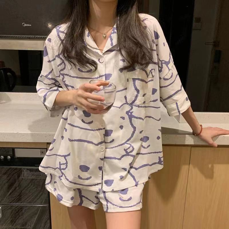 Pijamas de verano de manga corta para mujer, estilo coreano, novedad 2025, conjunto de dos piezas de cárdigan y ropa de estar con dibujos animados.