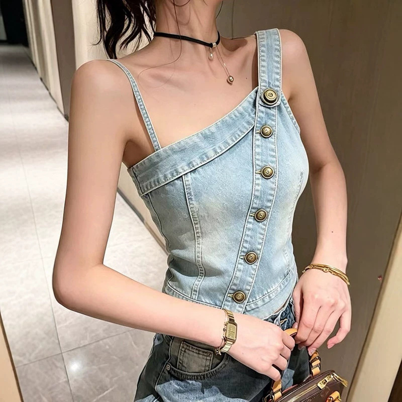 【Han Niu】Asymmetrical denim camisole top for hot girls, fashionable, stylish, high-end, exquisite, slim-fit, short tank top for women