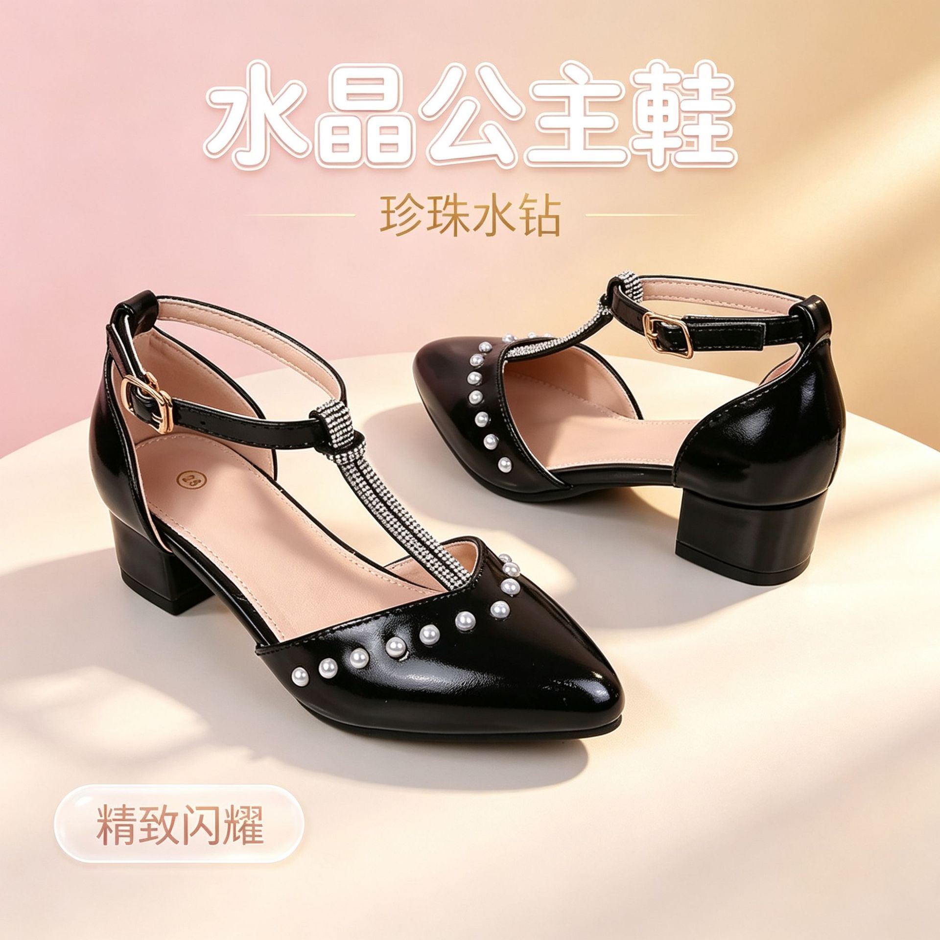 New cross-border girls' retro Mary Jane studded single shoes with round toe, T-strap, and crystal high heels