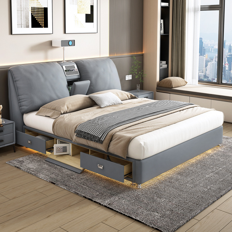 Cama italiana minimalista de cuero multifuncional con diseño de oreja de elefante, cama doble de 1.8 metros, cama de matrimonio sencilla y moderna con cajones de almacenamiento. image 4