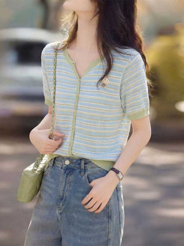 Áo cardigan nữ cổ V sọc kẻ ngang tay ngắn cài nút mỏng nhẹ mùa hè — xanh lam, xanh lá cây