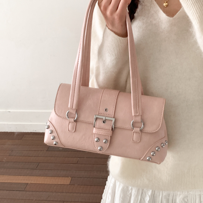 2026 Trendy Women's Solid Color Fashion Retro Motorcycle Rivet Pin Buckle Decorated Single Shoulder Underarm Baguette Bag for Women 2026 Trendy Women's Solid Color Fashion Retro Motorcycle Rivet Pin Buckle Decorated Single Shoulder Underarm Baguette Bag for Women