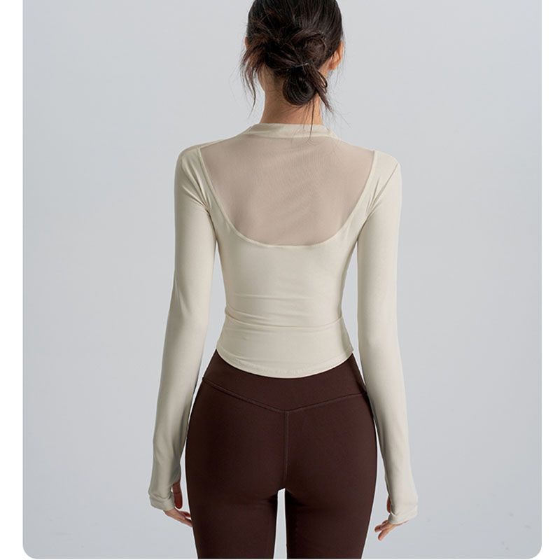 Fitness Girl Yoga Wear with Chest Pad, Long-Sleeved Pilates Training Sports Tight-Fitting Slimming Look High-End Mesh Top