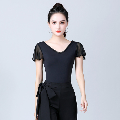 Latin dance tops for women adult  new short-sleeved dance clothing fashionable black national standard modern dance practice clothes