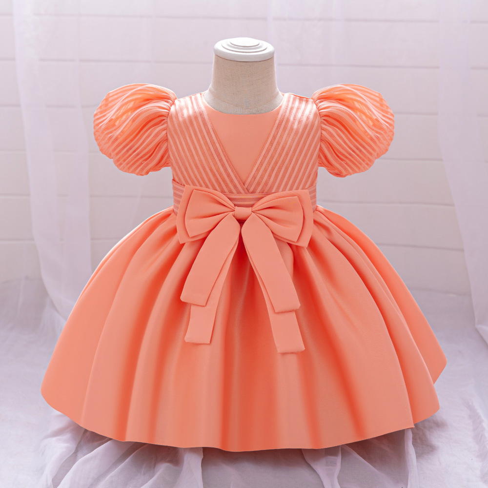 Nuevos vestidos de año nuevo para bebés y niños pequeños vestidos de fiesta de cumpleaños para niñas vestidos de lavado de satén vestidos de lazo en stock