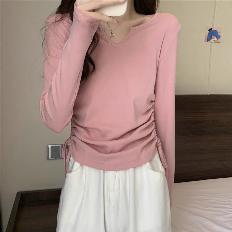 法式V领锁骨长袖内搭t恤打底衫女春小众独特别致抽绳修身百搭上衣|undefined
