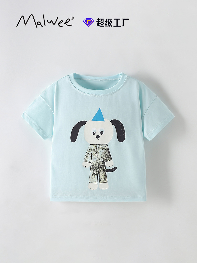 Malwee camiseta infantil de verano nuevo estilo europeo y americano de niños de media edad cuello redondo casual de manga corta impresión de aire extranjero chaqueta infantil