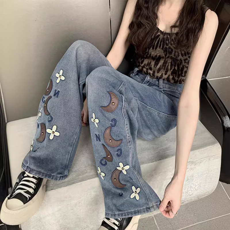 Xingyue Leather Label Rivet Embroidered Dagging Wide Leg Jeans Women's Design High Waist Slimming Loose Straight Long Pants