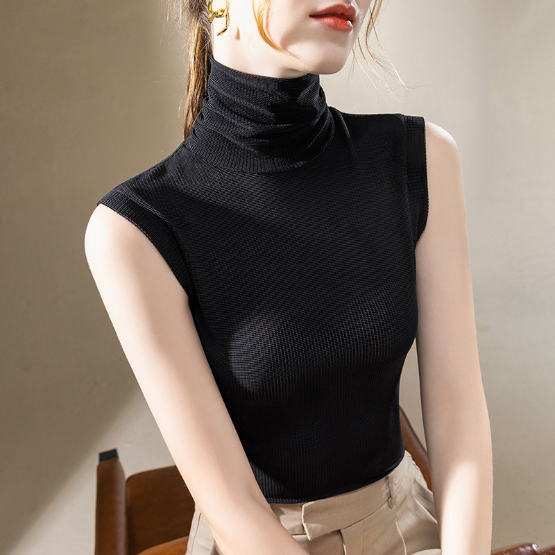 Las mujeres cuello alto Chaleco de malla 2023 nuevas elegante interior estilo occidental pequeña camisa color sólido cintura sin mangas top