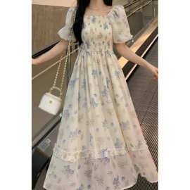 法式温柔仙碎花连衣裙女夏季胖妹妹大码收腰显瘦过膝中长裙子