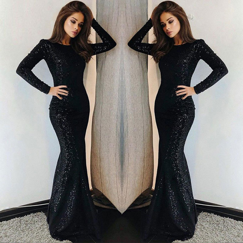 Europa y América Amazon AliExpress deseo vestido de noche las mujeres negro sequined fishtail manga larga sexy adelgazamiento personalizable