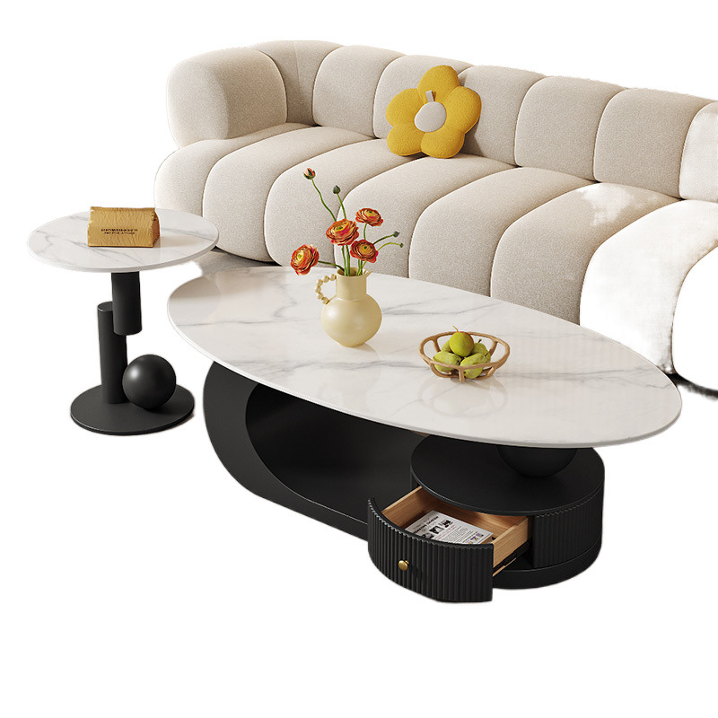 Mesa de té de tabla de roca ovalada para la sala de estar de lujo ligero doméstico moderno nuevo tipo simple de casa pequeña combinación de mesa de té de crema