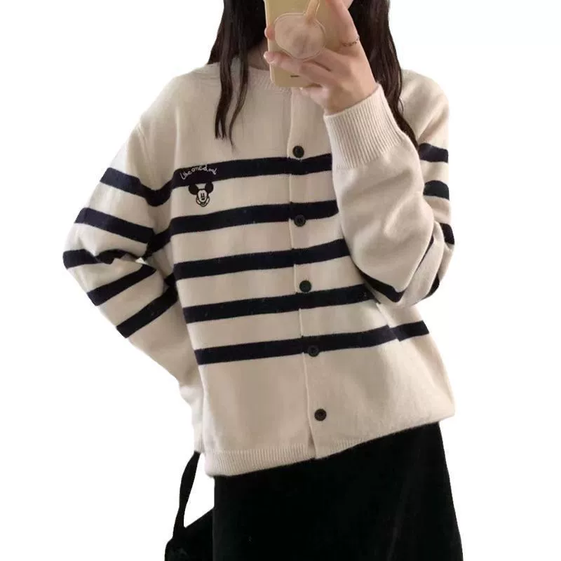 Полосатый минималистский модный свободный свитер кардиган весна и осень 2024 новый год рождения красный вязаный пальто женский