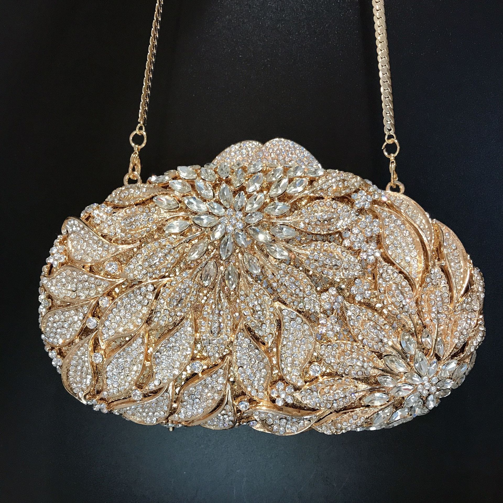 All Seasons Season Women's Gender Silver Champagne Rhinestone Metal Leaves Flower Hollow Diamond Oval Evening Bags