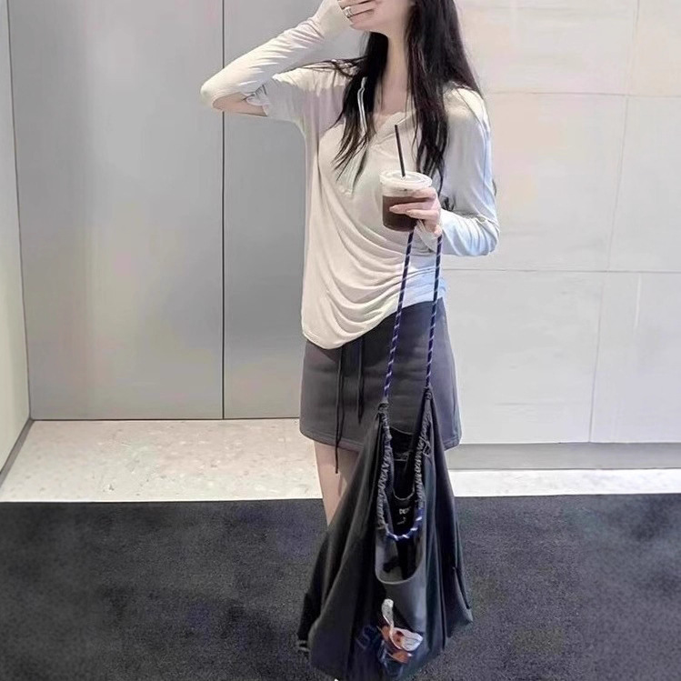 韩系半开领正肩长袖T恤女夏季薄款时尚气质防晒罩衫别致绝美上衣|undefined