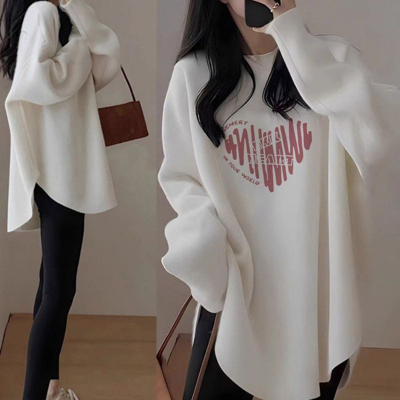 徳絨毛とベルベットの長袖tシャツの女性の中の長さはお尻の上着を隠して厚いタイプの底のシャツの秋冬2025をプラスします。|undefined