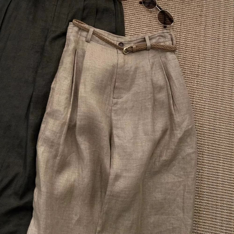 This Year's Trendy Khaki Linen Wide-Leg Pants for Women, New Summer Style, Relaxed High-Waisted Slimming Straight Casual Long Pants