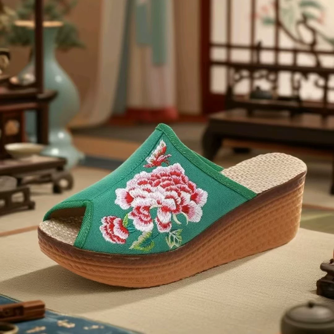 Summer wedge slide sandals women, 5.8 cm heel, embroidered upper — multi colors, sizes 35–41