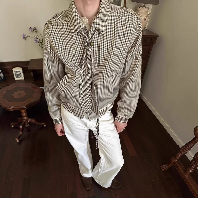 Source Factory Old Money Style Houndstooth Lapel Jacket Men's Spring Design Detachable Tie Loose Fit Coat