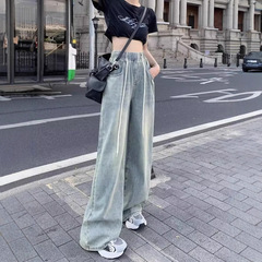 抽绳松紧腰初中生学生浅色牛仔裤女夏季2025新款春秋阔腿休闲裤子