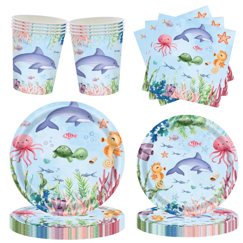Blue Sea Animal Theme Party Tableware Children's Birthday Decoration Undersea Disposable Paper Tray Paper Cup Paper Towel