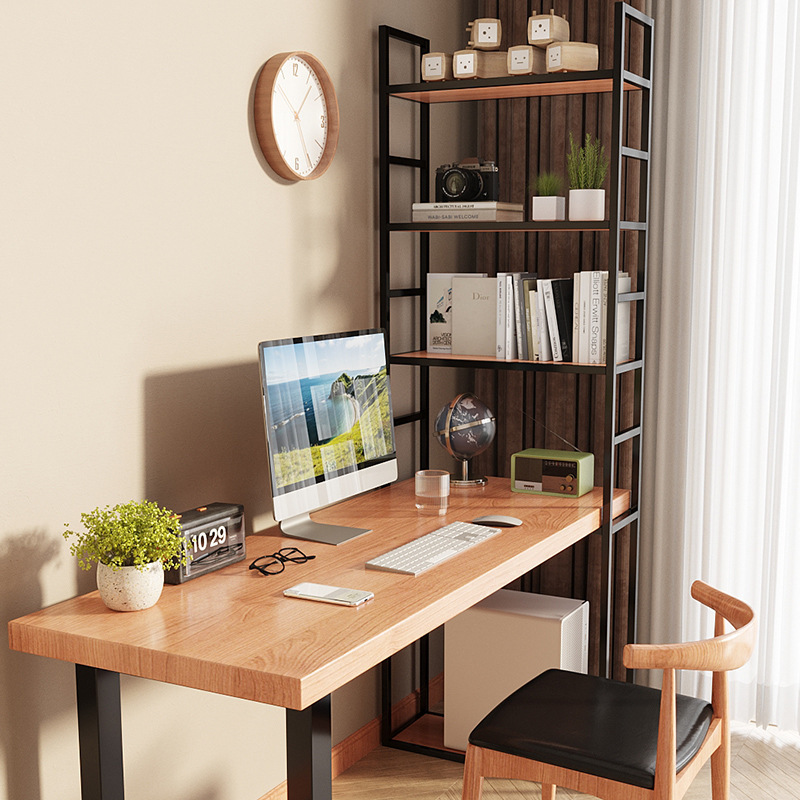 Solid Wood Computer Desk with Storage Rack Desk Bookshelf Integrated Table Bookcase Long Table Home Simple Modern Office Desk