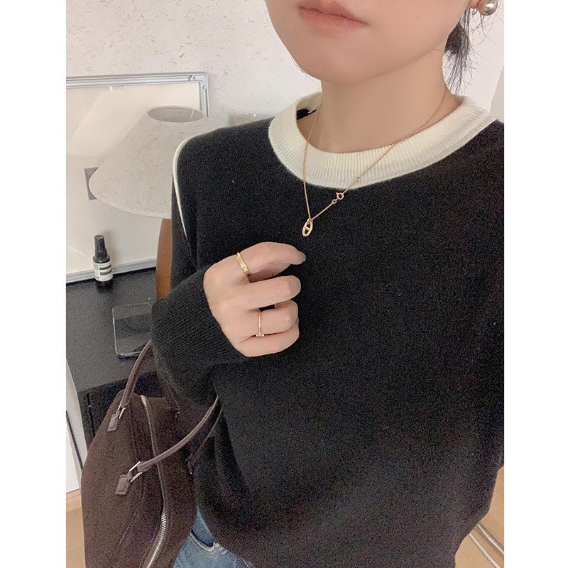 高级感拼色圆领针织打底衫女早秋季修身套头软糯毛衣内搭长袖上衣|undefined