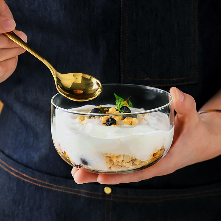 Factory wholesale borosilicate glass dessert bowl simple oatmeal milk breakfast bowl household fruit and vegetable salad bowl
