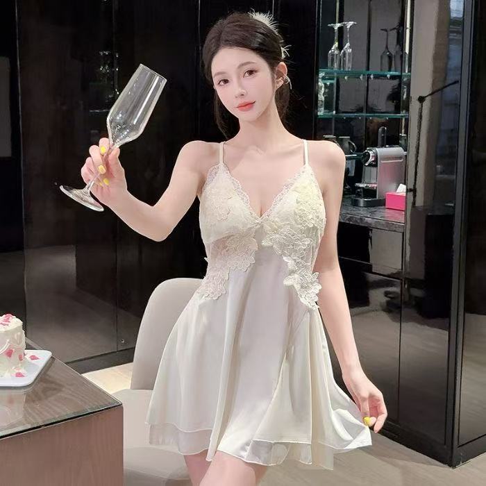 Sexy Pajamas for Women 2025 Summer Thin Style with Breast Pads, Sweet Ice Silk Beautiful Back Lace Suspender Nightgown