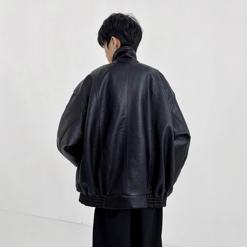 American Retro Motorcycle Soft Leather Jacket for Men, Fake Leather Short Sleeve Spring and Autumn Season Couple High-End Pilot Jacket