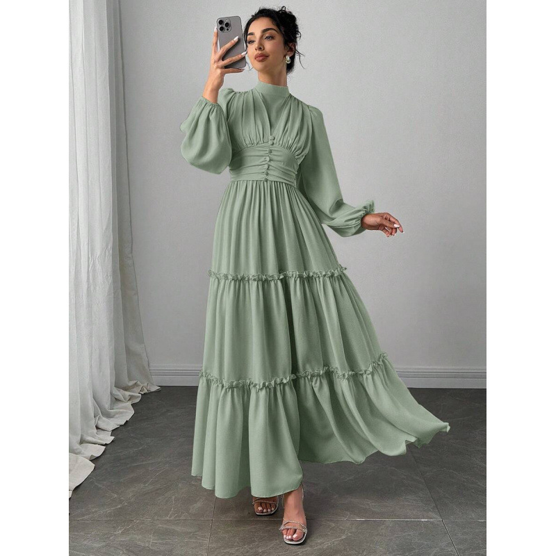 Cross-border Amazon European-style autumn new collection: solid-color, stand-up collar, lantern-sleeve, multi-layered ruffled hem, elegant maxi dress Cross-border Amazon European-style autumn new collection: solid-color, stand-up collar, lantern-sleeve, multi-layered ruffled hem, elegant maxi dress