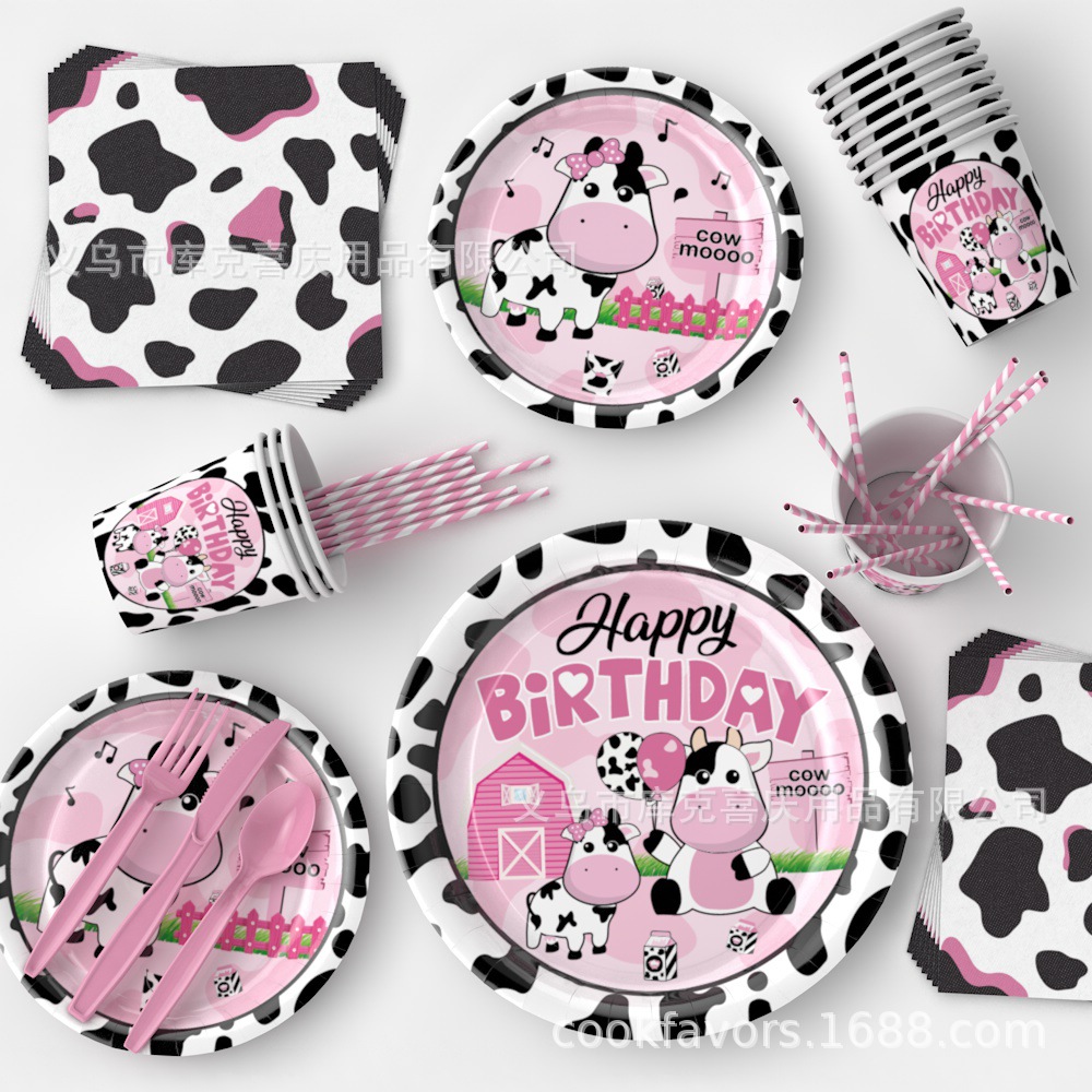 Decoración de fiesta de granja de vaca rosa cumpleaños bandeja de papel desechable taza de papel toallas set de decoración de globo
