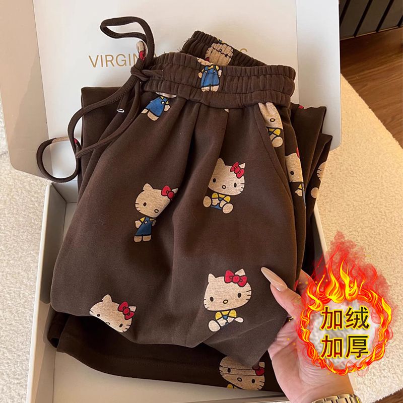 Hellokitty Casual Pants for Women, Autumn and Winter, Super Soft Fleece-Lined Straight-Leg Home Pants, High-Waisted Wide-Leg Long Pants for Outdoor Wear