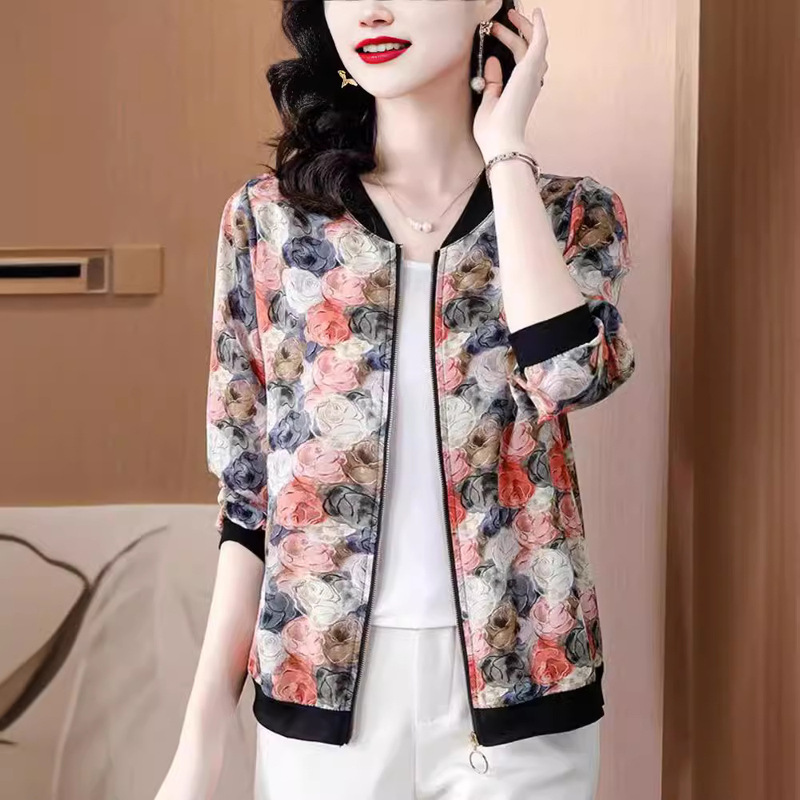 2024 Summer New Middle-aged Mother Baseball Suit Coat Women's Printed Zipper Jacket Fashionable Chiffon Sunscreen Shirt