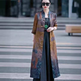 2024春季新款新中式国风大气真丝绡印花中式长款风衣外套外披短款