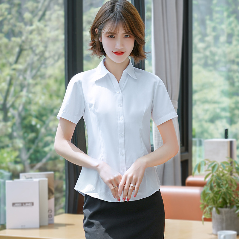New 2026 Women's Summer White Korean-Style Button-Down Short-Sleeve Shirt, Fashionable and Elegant Formal Wear, Solid Color, Unisex