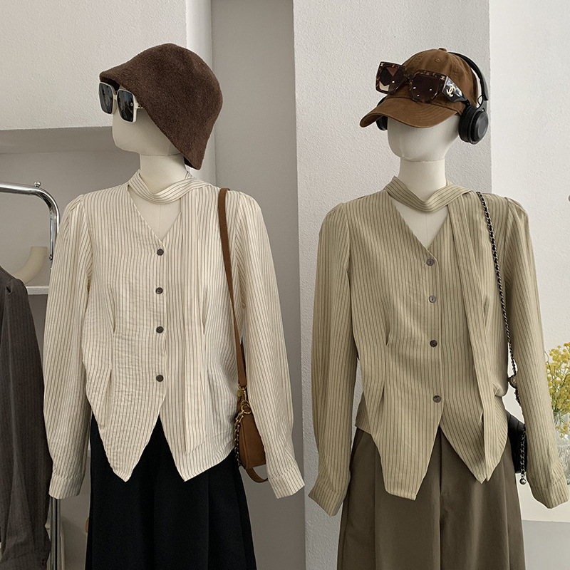 欧玛莱 撞色条纹V领收腰衬衫女2026春季新款飘带长袖上衣批发5935