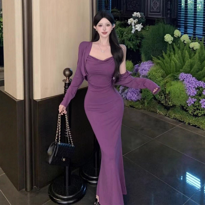 紫色纯欲修身显瘦包臀裙女秋季减龄时尚吊带连衣裙气质开衫两件套|undefined