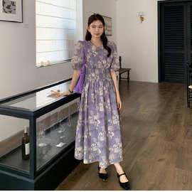 2024新款夏季法式气质复古碎花连衣裙女收腰显瘦短袖韩版紫色长裙