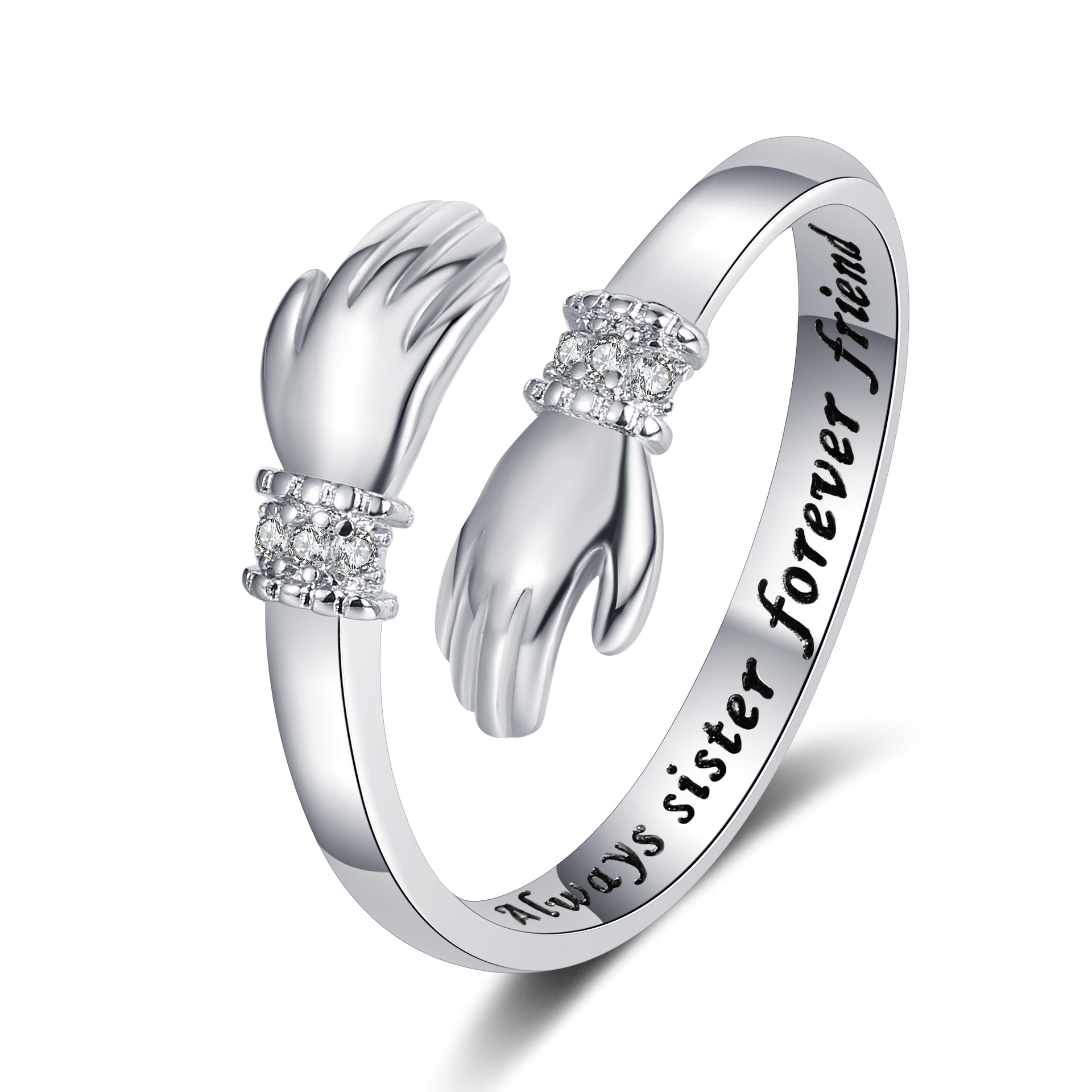 Europeo y americano creativo amor abrazo manos anillo de diamantes letras de las mujeres apertura anillo ajustable regalo de corazón