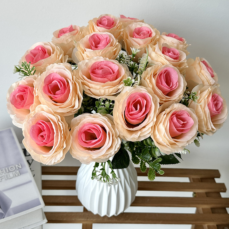 Meilong primavera color 18 rosas flor artificial boda escena fondo flor pared diseño flor fila camino plomo falso ramo de flores