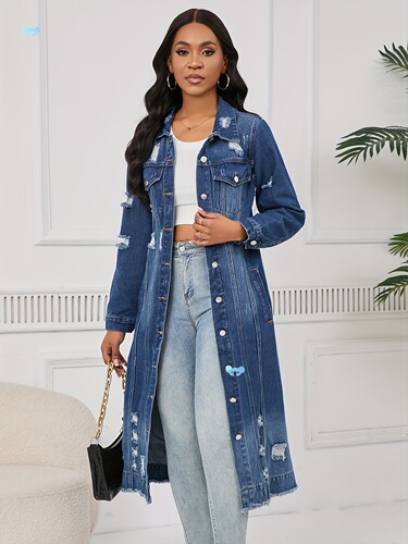 Women's Long Ripped Denim Jacket with Real Pockets Casual