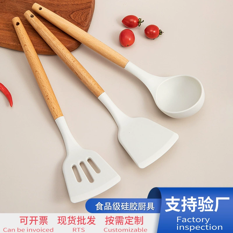 Solid wood handle silicone kitchenware food grade high temperature -resistant spatula non -stick pot dedicated fried shovel soup spoon spoil set combination