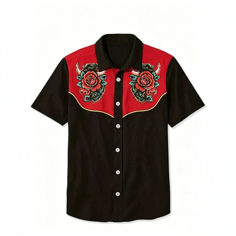 European and American retro rose bull head patchwork American-style vintage shirt, men's retro printed shirt, cross-border supply European and American retro rose bull head patchwork American-style vintage shirt, men's retro printed shirt, cross-border supply