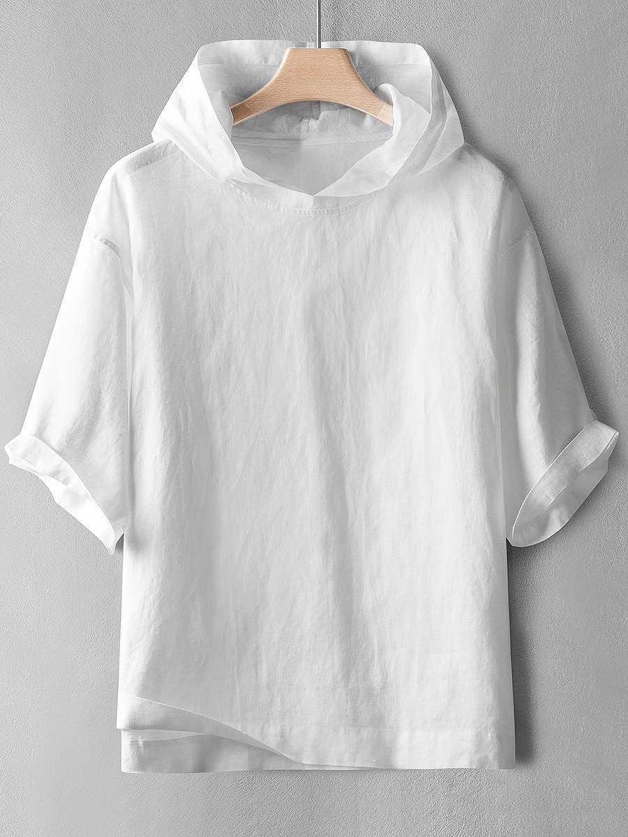 Verano hip hop estilo Delgado color sólido Lino cuello redondo pullover Top Loose hombres HOODIE en stock