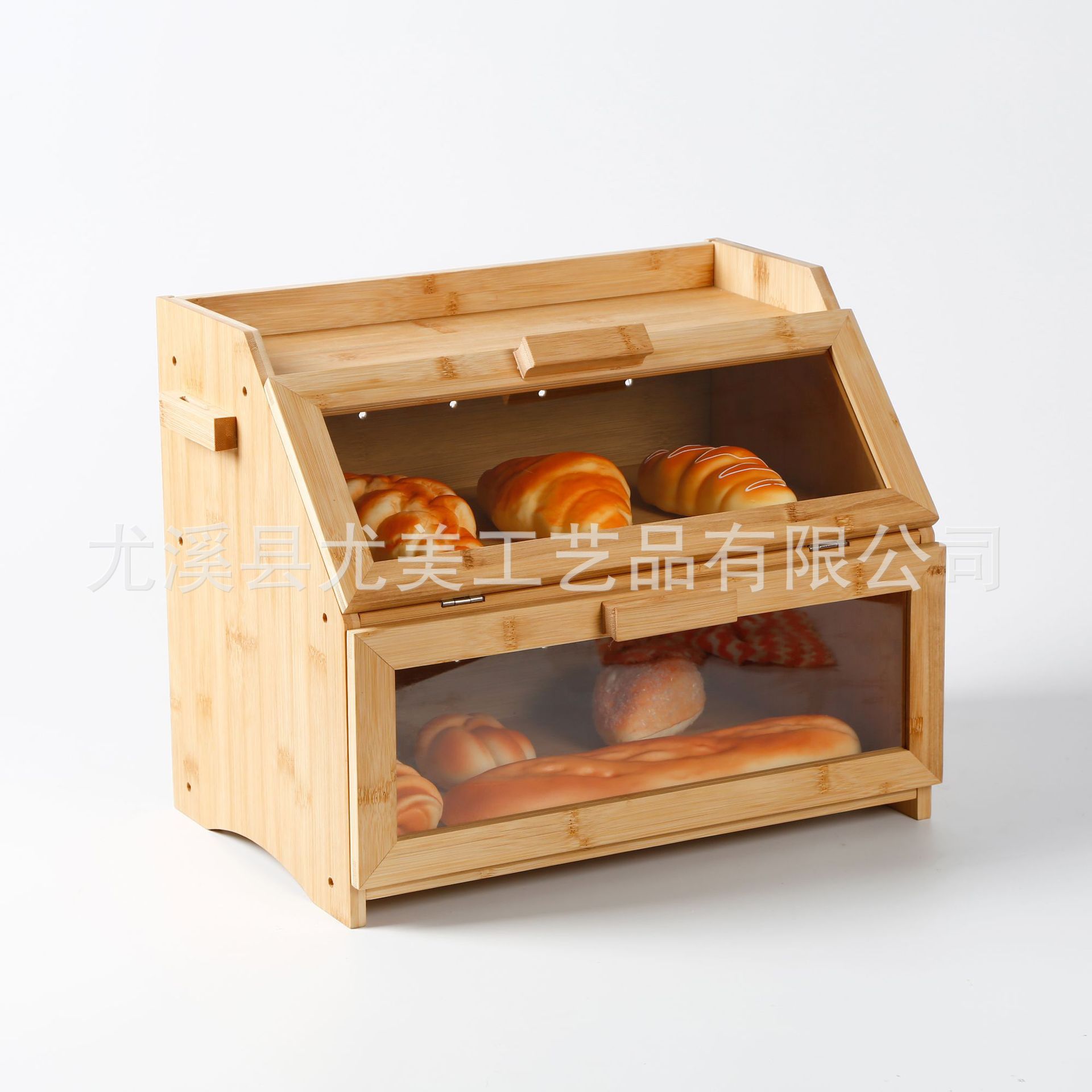 Caja de pastel de madera transfronteriza caja de almacenamiento de pan caja de pan de bambú con caja de almacenamiento de doble capa de cocina de vidrio transparente