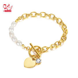 日韩时尚不锈钢爱心锆石手链女简约轻奢百搭淡水珍珠OT扣钛钢手链