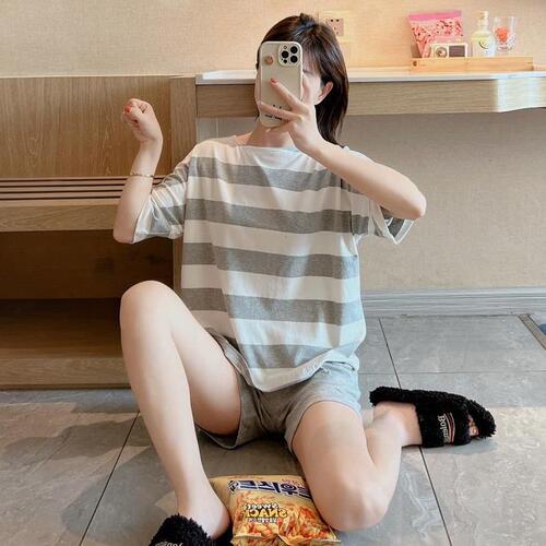 Ins Japanese Striped Thin Men's Summer Pajama Set with Short Sleeve Top and Shorts for Summer Home Wear
