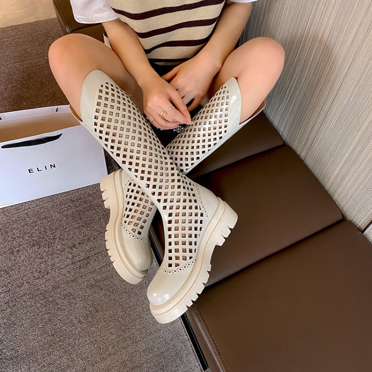 Boot nữ da bò đế dày cổ cao ống lưới — Màu nâu ống lớn, Màu đen cổ ống lớn, Ống nhỏ màu đen, Chu vi ống lớn màu trắng Be chi tiết 21